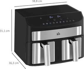 HOMCOM Frytkownica na gorące powietrze 8L z podwójną komorą, Airfryer z 10 programami, 2400 W frytkownica na gorące powietrze z ekranem dotykowym, przepisami, bez oleju, czarna