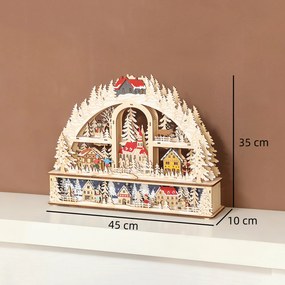HOMCOM Wioska świąteczna z podświetleniem LED, 45 cm z bałwanem, reniferem i drzewkami, drewno naturalne | Aosom PL
