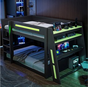 Drewniane łóżko piętrowe dla dzieci do gier - 140 x 200 cm - z biurkiem + półkami + USB + diodami LED - MDF - czarne