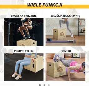 HOMCOM 3-w-1 Plyo Box drewniana skrzynia plyometryczna z 3 wysokościami skoku i uchwytami 40,5 x 35,5 x 30,5cm drewno naturalne