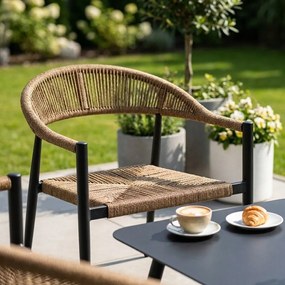 Zestaw mebli ogrodowych pleciony beżowy rama szara ławka, 2 krzesła, stolik