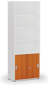 Szafa biurowa kombinowana PRIMO WHITE, drzwi przesuwne na 2 poziomach, 800 x 420 x 2128 mm, biały/wiśnia