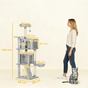 PawHut Drapak 160 cm, wielopoziomowy, słupy z sizalu, kryjówki, pluszowe platformy, hamak, drabinka, piłeczki do zabawy
