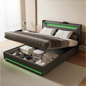 Łóżko dwuosobowe 140×200 cm z miejscem do przechowywania, oświetleniem LED, portem USB i gniazdem typu C – szara tkanina z siłownikami gazowymi