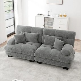 Sofa 2-osobowa szara - z 4 poduszkami - rama z litego drewna + tkanina plusz - 220x77x81cm
