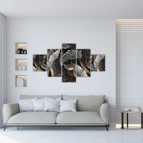 Obraz - Tropikalne liście w kolorze czarno - złotym (125x70 cm)