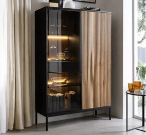 Witryna Shark 104x166 cm LED push to open MDF szkło hartowane stal kaszmir, czarny/dąb wotan