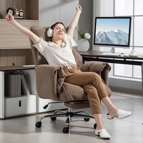 HOMCOM Ergonomiczny fotel biurowy, regulowane oparcie, podnóżek, miękki materiał, Jasnobrązowy