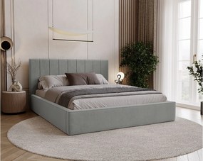 BESILIO Stylowe łóżko tapicerowane 120x200 Persea - stelaż metalowy, pojemnik na pościel, ozdobna lamówka - Szary