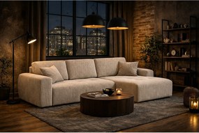 Narożnik w kształcie L z funkcją spania i pojemnikiem Ivo L, tkanina sztruksowa Poso, Ciemnobeżowy, Prawy