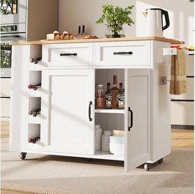 Mobilna wyspa kuchenna z 2 drzwiami, 2 szufladami i 4 uchwytami na butelki - Rozkładany blat - 131,5x43(76)x90,7cm - MDF - Biały i naturalny