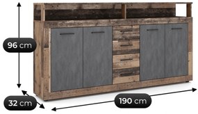 Komoda Czterodrzwiowa BLAGO 190 cm Ciemny Dąb/Czarny Loft