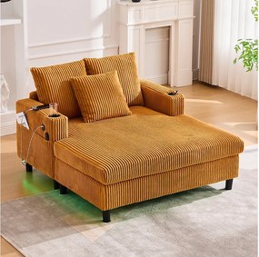 Sofa 3-osobowa rozkładana - 142 x 128 x 85 cm - z uchwytami na kubki + porty USB + diody LED - aksamitna - żółta