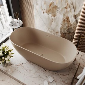 Wanna wolnostojąca owalna z konglomeratu 160 x 75 cm RONA White mat / połysk przelew typu SLIM cienki rant : Kolor wanny - Beż matowy