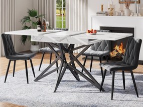 Stół rozsuwany jadalniany 160x80x66 cm - 6 osób - nogi stołu w kształcie gwiazdy - blat stołu imitacja marmuru - Biały