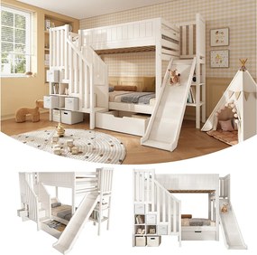 Łóżko piętrowe dla dzieci - 2 x 90 x 200 cm - z wysuwaną półką + szufladami + półkami + drabinką - drewniane - białe