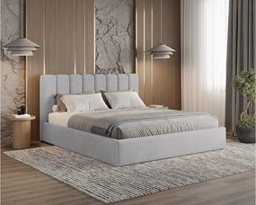 BESILIO Łóżko tapicerowane z pojemnikiem 200x200 Nuvia - Łóżko slim, miękkie wezgłowie, stelaż metalowy- Jasnoszary
