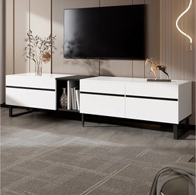 Nowoczesna niska szafka RTV - 180 x 38 x 45 cm - z 3 drzwiami + otwarte półki - płyta wiórowa - biała