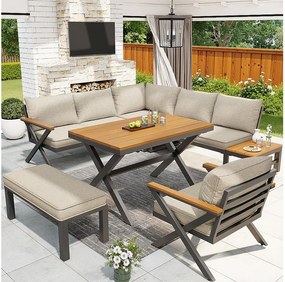 Salon ogrodowy, zestaw mebli na 6-7 osób - kanapa narożna - z żelaza ocynkowanego - stoły jadalniane z tworzywa drewnopodobnego - fotele - ławka, Beżowy