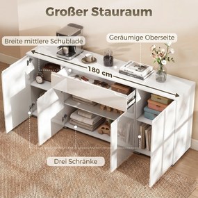 HOMCOM Komoda w wysokim połysku, nowoczesna komoda bufetowa z 4 drzwiami i regulowanymi półkami, szafka kuchenna z cichym domykiem, biały | Aosom PL