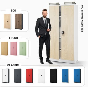 Biurowa szafa metalowa JAN, 900 x 1850 x 400 mm, Eco Design: biała/ dąb sonoma