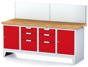 Stół warsztatowy MECHANIC z panelem perforowanym, 2000x685x880 mm, 2x 3 szufladowy kontener, 2x szafka, szara/czerwona