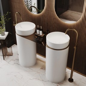 Dwie umywalki z konglomeratu wolnostojące okrągłe 85 x 40 cm RONA bez przelewu połączone półką szklaną | Różne kolory półki : Kolor szklanej półki - Niebieski, Kolor umywalki RONA - Biały matowy, Podłączenie syfonu - Do ściany