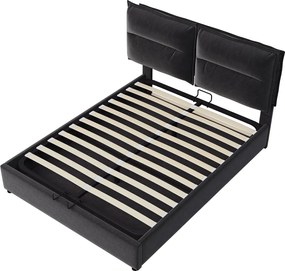 Łóżko ze schowkiem 140 x 200 cm - aksamit - stelaż listwowy - czarne + materac