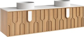 Wiszaca szafka łazienkowa teksturowana z podwójną okrągłą, prążkowaną umywalką nablatową - Jasny naturalny - szer. 180 cm - MERKAN