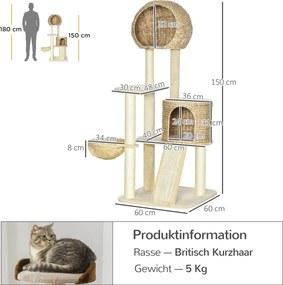 PawHut Drapacz dla Kota z Domkiem Platformy Hamak Mata do Drapania Zabezpieczenie Przeciwpadaniowe Beżowy 60x60x150cm | Aosom PL