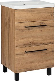 Zestaw Łazienkowy Stojący 50cm Szafka z Umywalką 2 Szuflady Dąb Wotan Sol