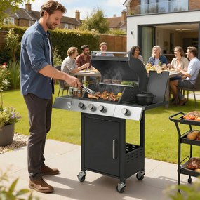 Outsunny Grill gazowy 10,5 kW 3+1 palniki BBQ wózek stal nierdzewna z bocznym palnikiem, otwieraczem do butelek i termometrem | Aosom PL