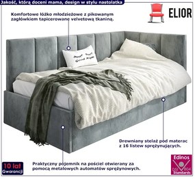 Szare narożne łóżko tapicerowane młodzieżowe 90x200 W6-C98