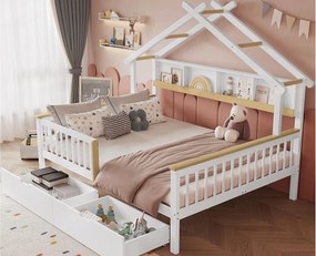 Łóżko dziecięce 140×200 cm - z 2 szufladami - w kształcie dachu - z schowkiem - MDF + Drewno lite - białe