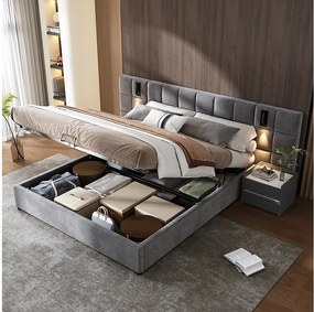 Łóżko ze schowkiem i regulowanym zagłówkiem - 160 x 200 cm - aksamit - z regulowaną lampką i USB - styl nowoczesny - szary
