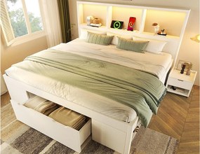 Łóżko pojedyncze 90x200cm - z oświetleniem LED i USB-C - z miejscem do przechowywania i mobilnym stolikiem nocnym - Biały​ (materac nie jest wliczony w cenę)