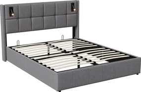 Łóżko tapicerowane 160x200cm z podstawą z listew i lampkami do czytania, łóżko z pojemnikiem, łóżko podwójne, aksamit, kolor szary