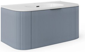 Szafka łazienkowa wisząca  ryflowana z umywalką wpuszczaną w blat - Niebieski mat - 100 cm - LOMERI
