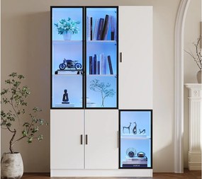 Witryna 120×35×200 cm - przeszklone drzwi - 6 drzwi - z oświetleniem LED - płyta wiórowa + szkło hartowane - biała