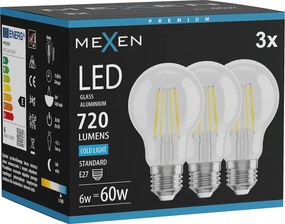 Mexen Vintis 3x żarówka filament LED E27, A60, 6W, Zimna - 6500K, 720 lm, clear - L150-E27-0665-00x03