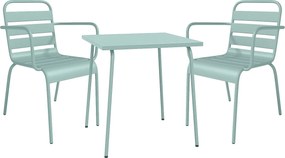 Metalowy zestaw mebli ogrodowych - stół o dł. 70 cm i 2 sztaplowane fotele - Migdałowa zieleń - MIRMANDE od MYLIA
