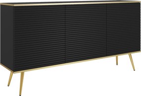 Komoda: Czarna, nogi złote, 160 x 85 x 39 cm, fronty ryflowane