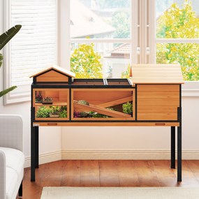 PawHut Domek dla żółwia, wybieg dla małych zwierząt, 2 pomieszczenia, 2 piętra, okna, rampy, akcesoria, drewno, stal, Żółty