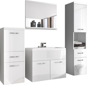 Nowoczesne meble łazienkowe, wiszący zestaw z umywalką, lustrem i słupkami, korpus biały mat / fronty biały połysk