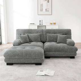Sofa narożna 2-osobowa z tkaniny Chenille, z 4 poduszkami, zdejmowaną pufą, kombinacja DIY, 220x145x81cm, Szary