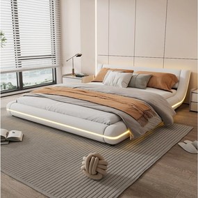 Łóżko podwójne 160 x 200 cm - Łóżko podłogowe - Skóra ekologiczna - Oświetlenie ambientowe LED z pilotem - Białe