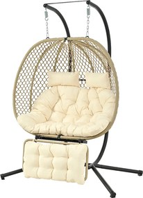 Podwójny Wiszący Fotel Jajo z Uchwytem - Huśtawka Ogrodowa z Regulowanym Podnóżkiem, Grubą Poduszką i Podgłowiem - Wewnętrzny/Zewnętrzny - Beżowy