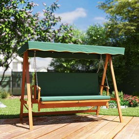 Outsunny Huśtawka ogrodowa z daszkiem, drewniana, z funkcją leżanki, dla 3 osób, Ciemnozielona