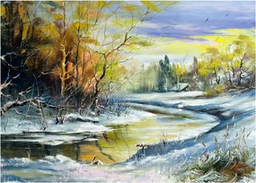 Obraz zimowej rzeki, obraz olejny (70x50 cm)