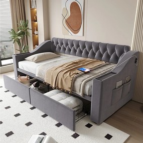Sofa dziecięca tapicerowana z funkcją spania - 90 x 190 cm - z podłokietnikami ze schowkiem + port USB + 2 szuflady - welur - szary